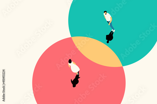 Two people walking in different circles overlaps with each other as symbol of consensus of opinions