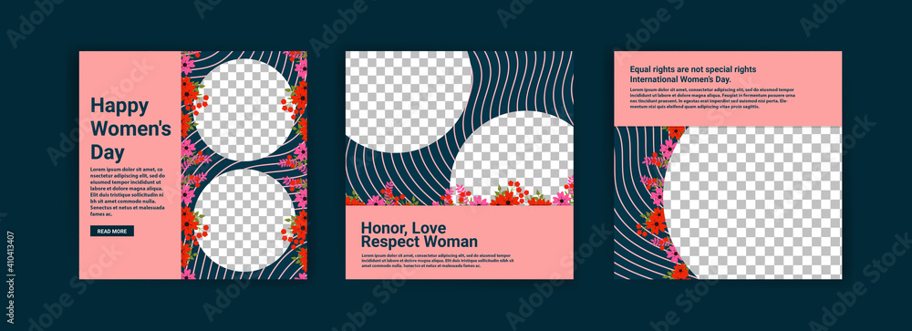 Social media post templates for women's day. Women's day cute greeting card set with flowers. Social media post templates for women's day. Women's day cute greeting card set with flowers.