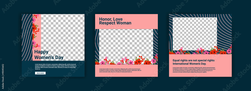 Social media post templates for women's day. Women's day cute greeting card set with flowers. Social media post templates for women's day. Women's day cute greeting card set with flowers.
