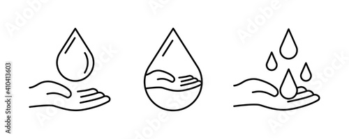 Same and thickness water and hand icons. Design that catches the water drop in the air. The reflection of the hand in the water drop. Ideal for logo design.