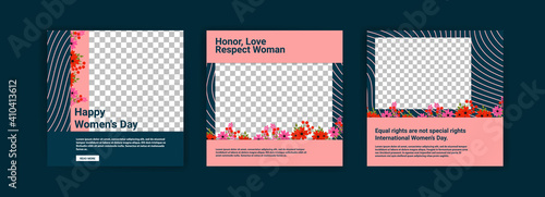 Social media post templates for women's day. Women's day cute greeting card set with flowers.