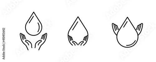 Same and thickness water and hand icons. Design that catches the water drop in the air. The reflection of the hand in the water drop. Hands angel wing view. Ideal for logo design.