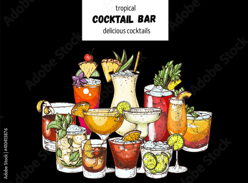 Alcoholic cocktails. Hand drawn vector illustration. Hand drawn drinks illustration. Cocktails set. Menu design elements.
