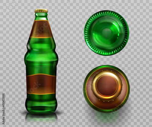 Beer bottle top and bottom view, alcohol drink in green glass flask with blank labek closed metal cork and liquid isolated on transparent background, design Realistic 3d vector advertising elements