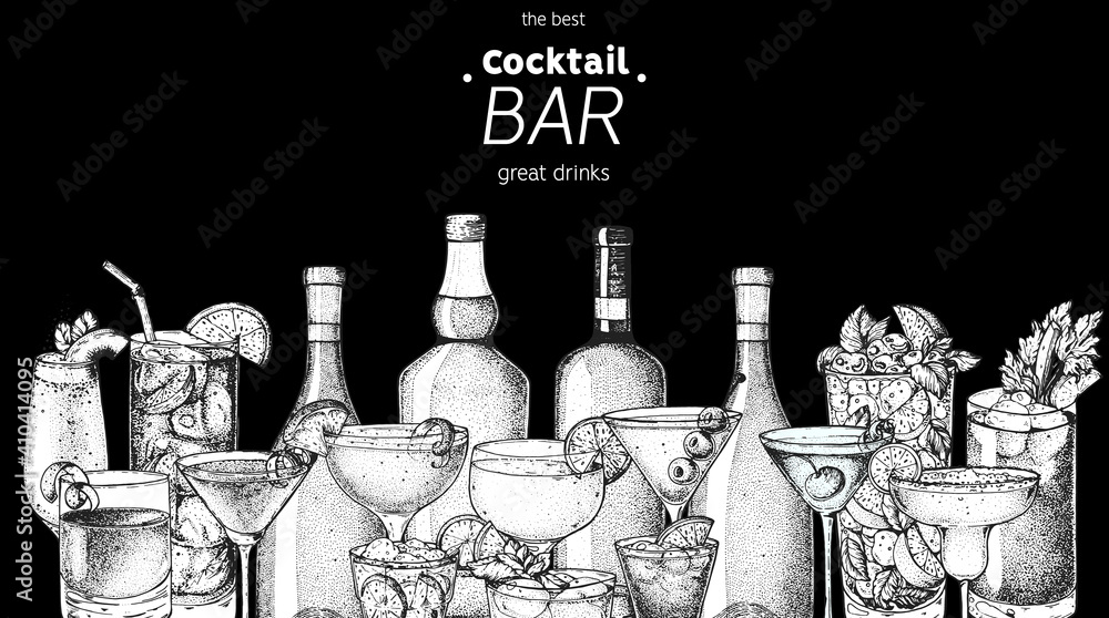 Alcoholic cocktails sketch. Hand drawn vector illustration. Hand drawn drinks illustration. Cocktails set. Menu design elements. - obrazy, fototapety, plakaty 