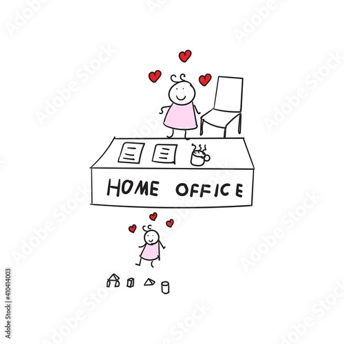 Line drawing. Line art family members working at home. The joy of working at home. Home office. Vector illustration.