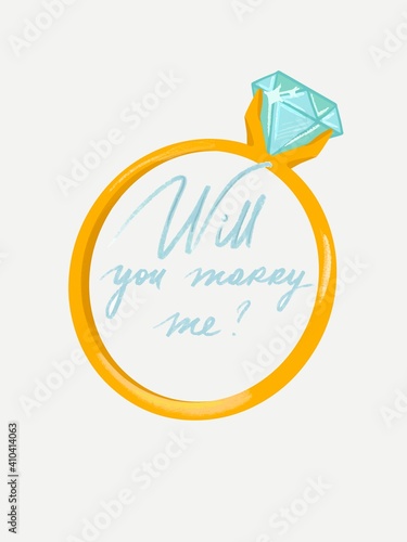 Golden wedding ring with proposal words Will you marry me and big diamond for card, website and advertisement trendy vector illustration