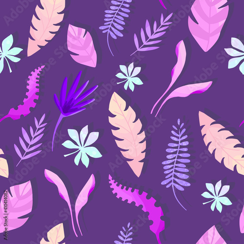 Tropical purple forest leaves background with cartoon neon plants seamless pattern
