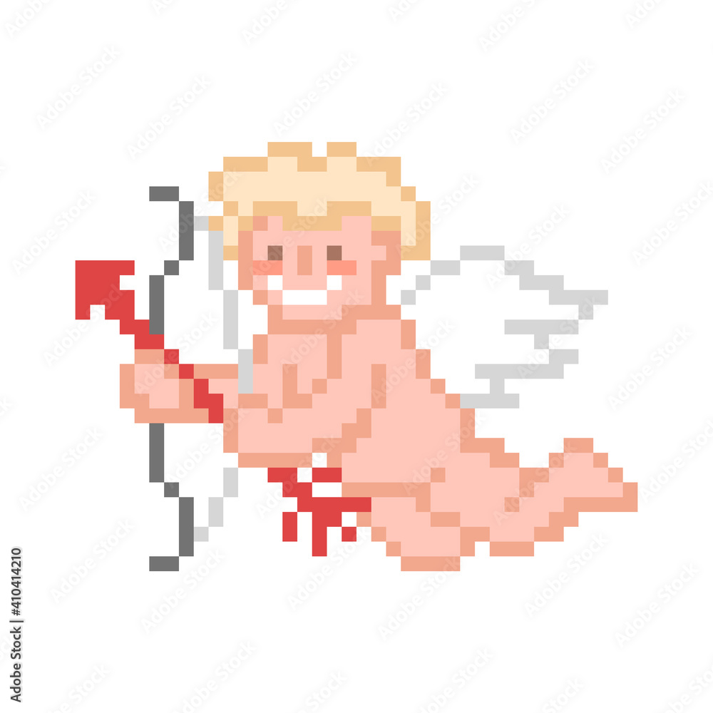 Pixel art cupid with bow and arrow isolated on white background. Valentine's day 8 bit character. Boy angel. February 14 mascot. Old school vintage retro 80s-90s slot machine/ video game graphics. Pixel art cupid with bow and arrow isolated on white background. Valentine's day 8 bit character. Boy angel. February 14 mascot. Old school vintage retro 80s-90s slot machine/ video game graphics.