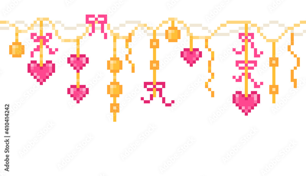 Pixel art wedding, Valentine's day, party, romantic date gold and pink garland with hearts, ribbons, bows, balls.Romantic 8 bit horizontal border isolated on white background.Retro video game graphics