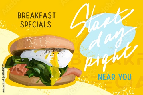 Breakfast egg burger and smoked salmon offer layout. Breakfast and lunch special offer and delivery near you. Design for food menu, cafe, food blog and recepies.