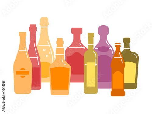 Collection alcoholic drinks. Group of bottles with alcohol. White background. Illustration isolated. Flat design style with fill. Beer champagne wine whiskey liquor vodka martini whiskey rum tequila