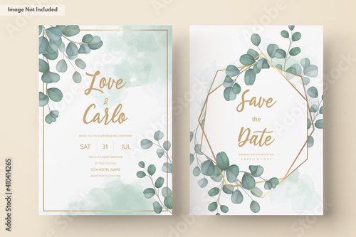 Wedding invitation card with greenery eucalyptus leaves photo