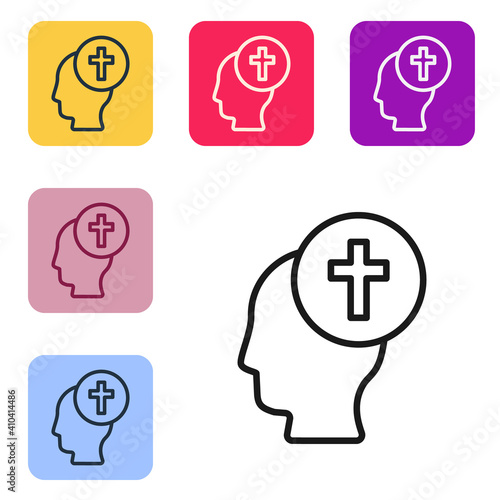 Black line Man graves funeral sorrow icon isolated on white background. The emotion of grief, sadness, sorrow, death. Set icons in color square buttons. Vector.