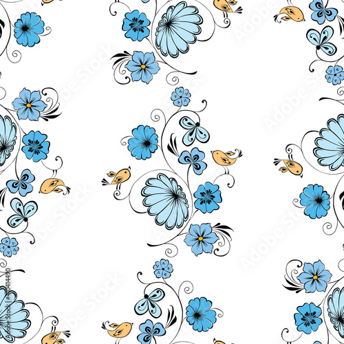 Seamless background of decorative blue flowers with yellow birds