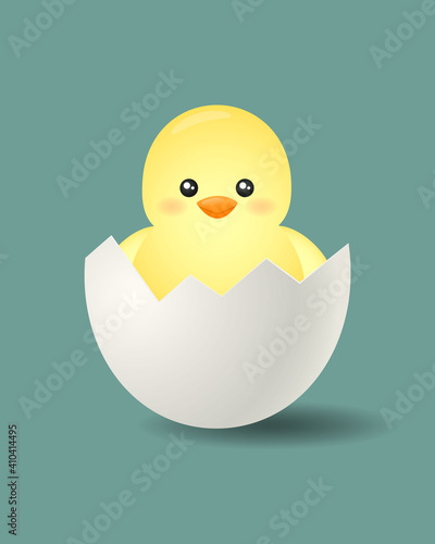 Cute yellow newborn chicken in broken egg isolated on blue background. Vector illustration