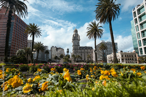 Beautiful day at historic center of Montevideo with Salvo Palace behind photo