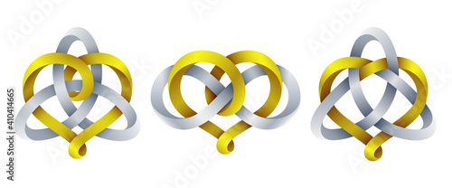 Set of heart signs with triquetra knot and infinity symbol made of intertwined mobius stripes. Symbols of harmonic eternal love. Vector illustration.