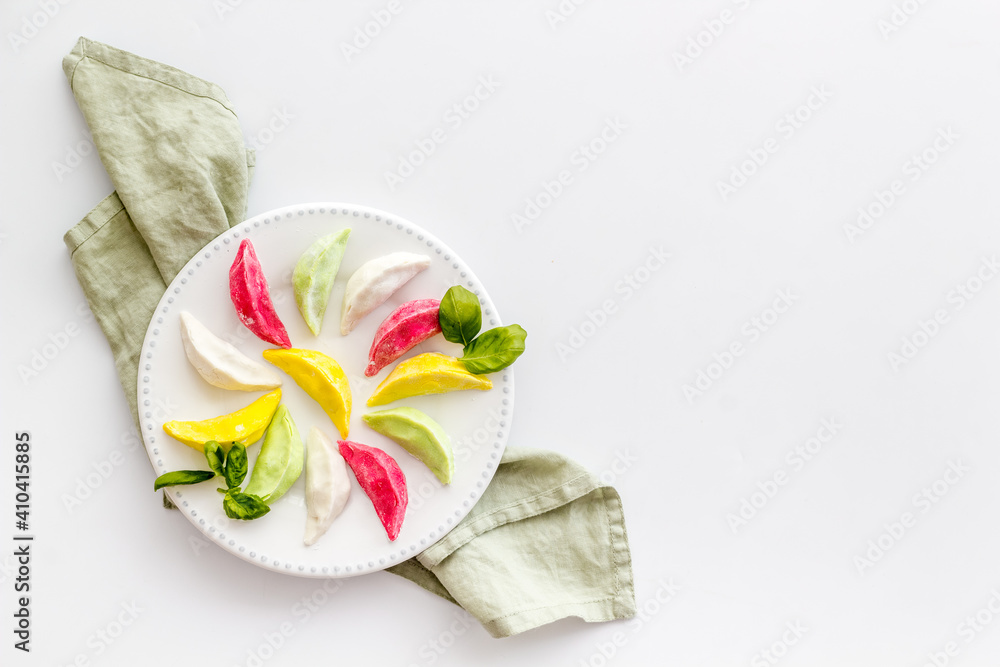 Steamed dumplings tio view. Vegetables ravioli on white plate Steamed dumplings tio view. Vegetables ravioli on white plate