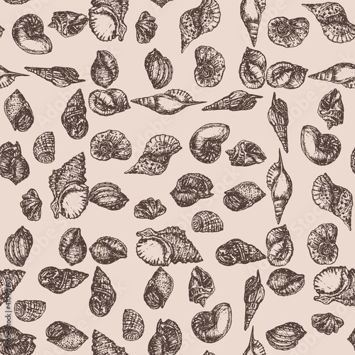 Seamless pattern of sketches various seashells