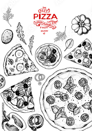 Italian pizza and ingredients top view . Italian food menu design template. Vintage hand drawn vector illustration. Engraved style illustration. Pizza label for menu.