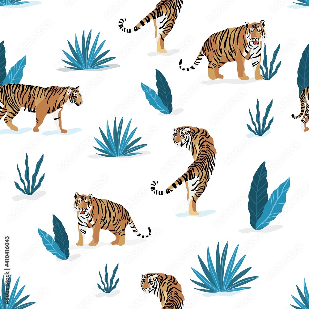Obraz premium Animal seamless pattern with cartoon tigers and plant in jungle. Vector illustration for kids book, background and print