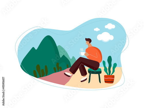A man takes vacation on holiday for relaxation drinks coffee in the morning seeing beautiful mountain scenery flat design vector