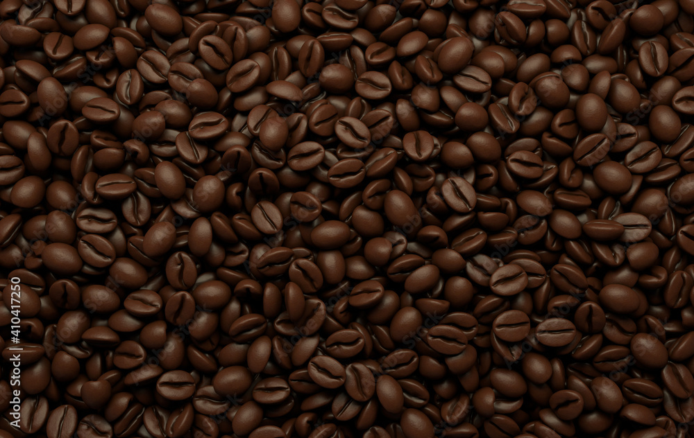 Dark freshly roasted coffee beans 3d rendering background. Top view. Masses of coffee beans close up. Dark freshly roasted coffee beans 3d rendering background. Top view. Masses of coffee beans close up.
