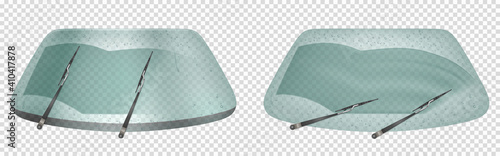Wipers clean car windscreen. Wiper blades rubbing windshield window from rain drops. Vector realistic set of wet vehicle windows with rubber blades isolated on transparent background