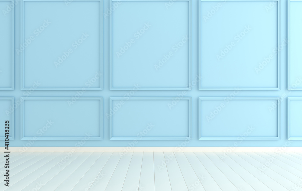 Classic interior walls with copy space. Walls with ornated mouldings panels and wooden floor, classic cornice. Floor parquet. 3d rendering digital interior mock up Illustration. Blue and white colors Classic interior walls with copy space. Walls with ornated mouldings panels and wooden floor, classic cornice. Floor parquet. 3d rendering digital interior mock up Illustration. Blue and white colors