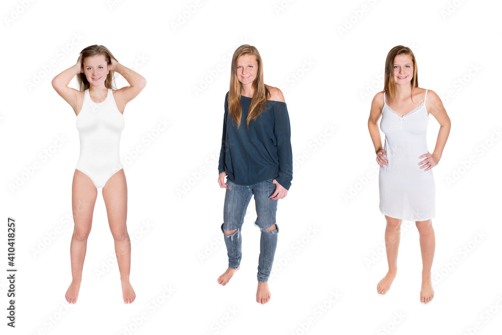 Obraz premium Three full body portraits of a beautiful young woman wearing jeans, nightshirt and swimsuit, isolated on white studio background