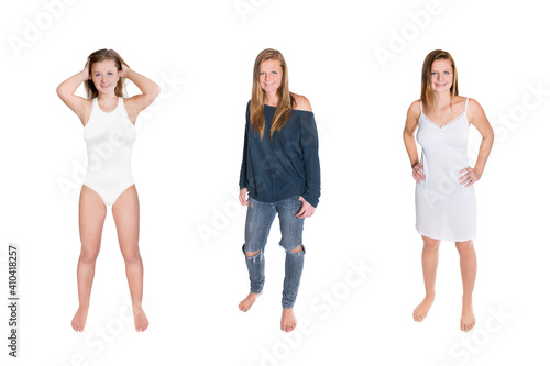 Three full body portraits of a beautiful young woman wearing jeans, nightshirt and swimsuit, isolated on white studio background