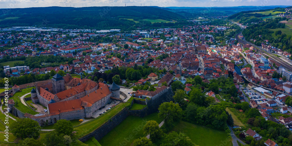 Aerial view of the old town of city Kronach in Germany on a sunny day in spring.	