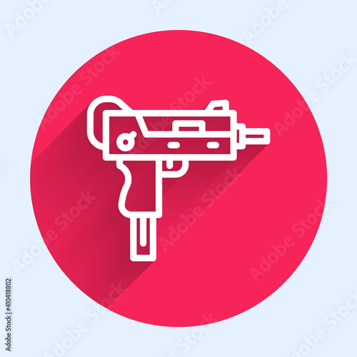 White line UZI submachine gun icon isolated with long shadow. Automatic weapon. Red circle button. Vector.