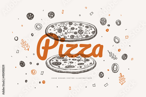 Hand-drawn two whole pizzas with flying ingredients. Delicious cheese filling with tomatoes, olives, and mushrooms. Design element for posters, packaging for cafes, restaurants. Vector illustration.