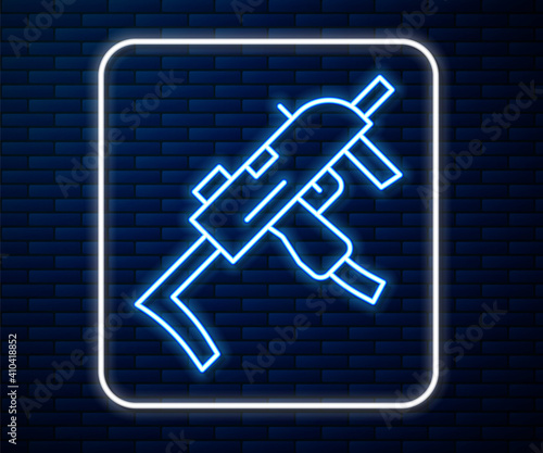 Glowing neon line MP9 submachine gun icon isolated on brick wall background. Automatic weapon. Vector.
