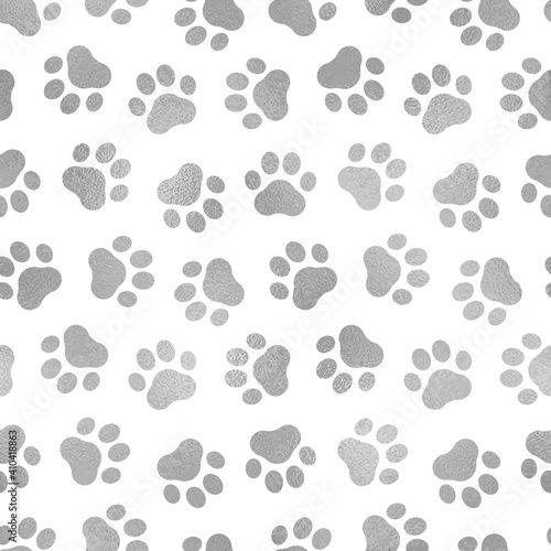 Seamless pattern pet prints. Paw patterns with foil effect. Cute silver marble background. Repeated delicate texture. Glitter patterns. Repeating elegant abstract design pets dog, cat. Vector