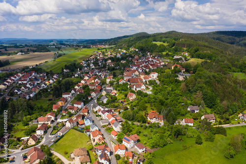 Aerial view of the city and castle Theisenort close to K  ps in Germany on a sunny day in spring. 