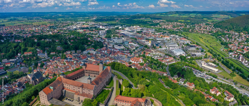 Aerial view of the old town of city Kulmbach in Germany on a sunny day in spring.	