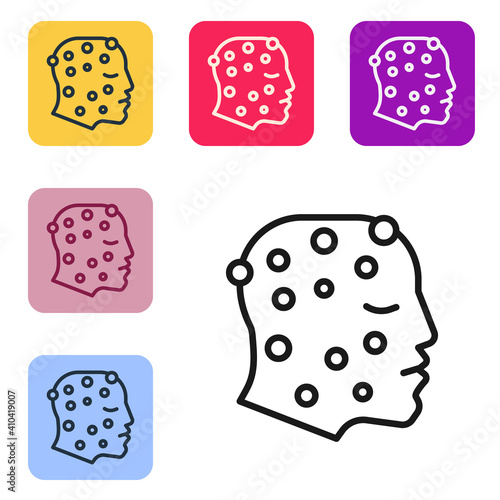 Black line Face with psoriasis or eczema rash icon isolated on white background. Concept of human skin response to allergen or chronic body problem. Set icons in color square buttons. Vector.