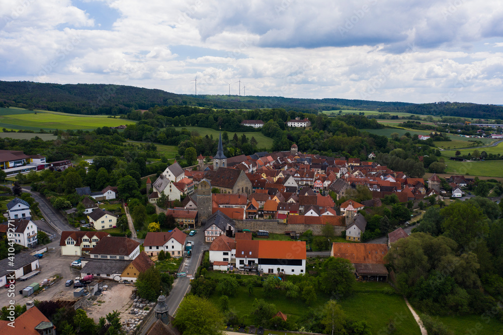 Aerial view of the old town of the city Seßlach in Germany on a sunny day in spring.	