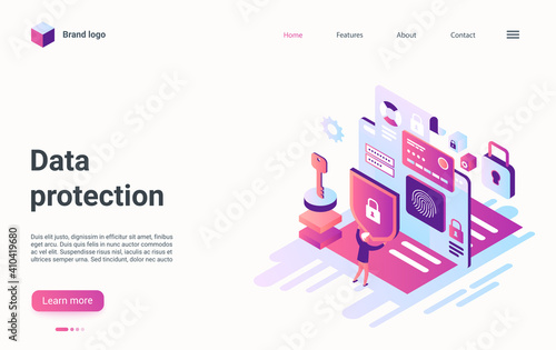 Data protection service, network security isometric vector illustration. Cartoon 3d fingerprint scanner, secure digital wallet or credit card bank technology, web privacy safe system landing page