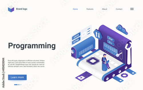 Programming modern development technology isometric vector illustration. Cartoon 3d programmer developer or coder man character working with laptop, creating code programming language landing page