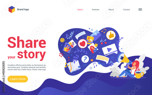 Share your story on social media vector illustration. Cartoon woman user character holding megaphone, blogger storyteller sharing visual content in bubble, viral photo video blog story landing page