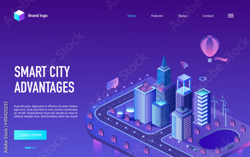 Smart city advantage isometric vector illustration. Cartoon 3d cityscape infrastructure of futuristic technology with skyscrapers buildings, modern digital future tech innovation neon landing page