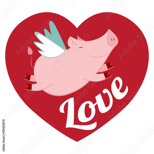 Cartoon Flying pig. Red heart, vector illustration. photo
