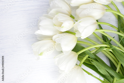 White fresh tulips on wooden background  nice tender spring flowers on wood texture  tulip bouquet frame  8 March  Valentine  mother day birthday wedding gift 