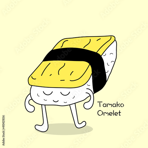 Vector doodle cartoon of cute sushi with face, arms, and legs. Tomako sushi or Omelet sushi cartoon, Japanese healthy food with flat color.
