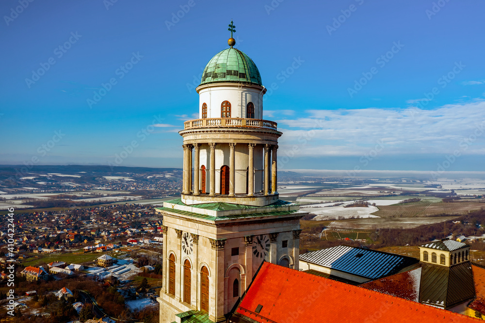 arieal photo of  Pannonhalama Benedictine abbey in Hungary. Amazing historical building with a beautiful church and library. Popular tourist destination with guided tours