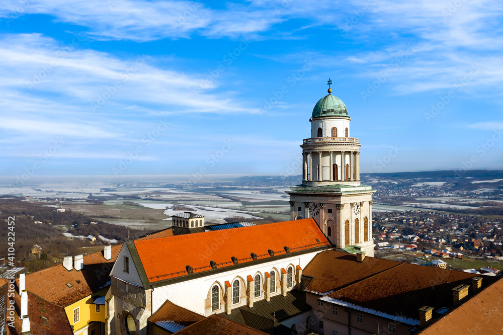 arieal photo of  Pannonhalama Benedictine abbey in Hungary. Amazing historical building with a beautiful church and library. Popular tourist destination with guided tours